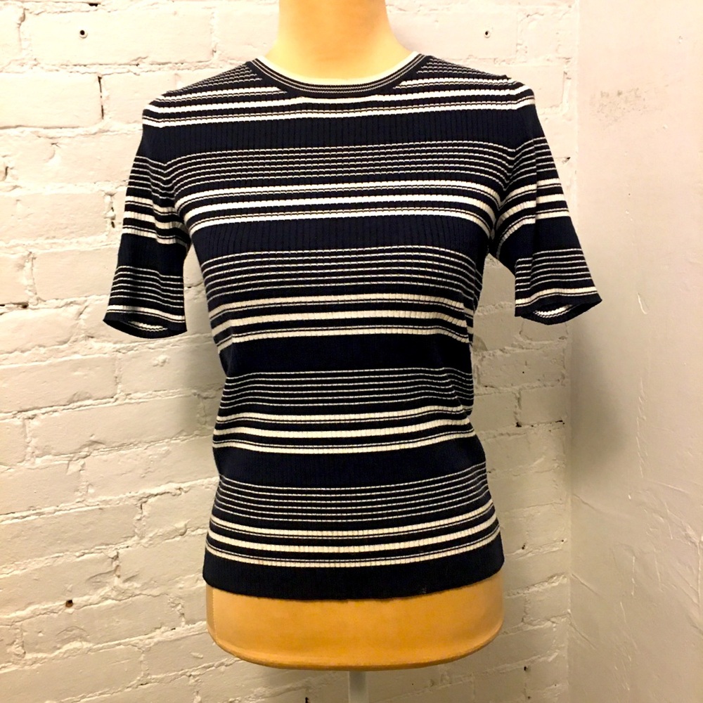Frame ribbed knit short sleeve top black & white stripe small